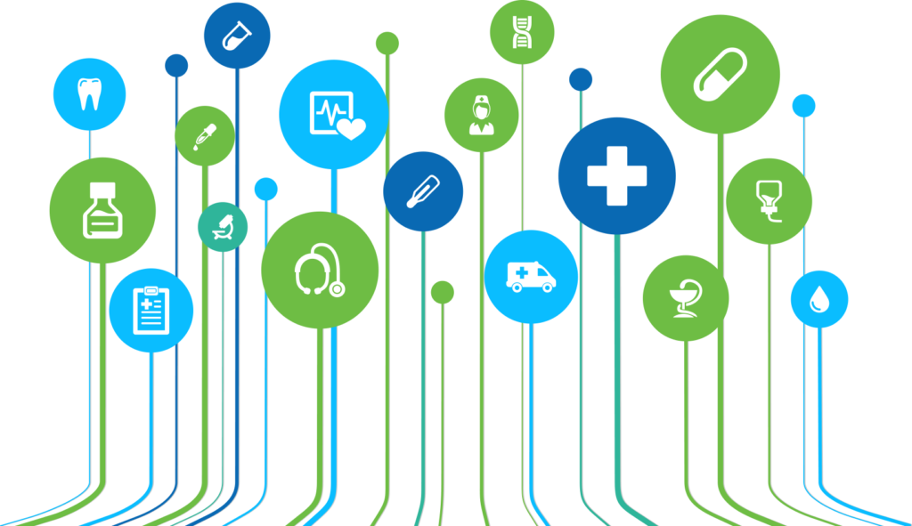 Abstract graphic element representing medical services with icons of various medical services.